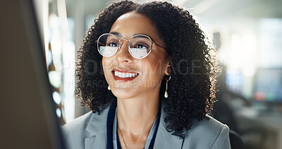 Buy stock photo Reading, glasses and business woman on computer for online project, proposal and research. Corporate, office and person on pc monitor for internet, website search and email networking for career