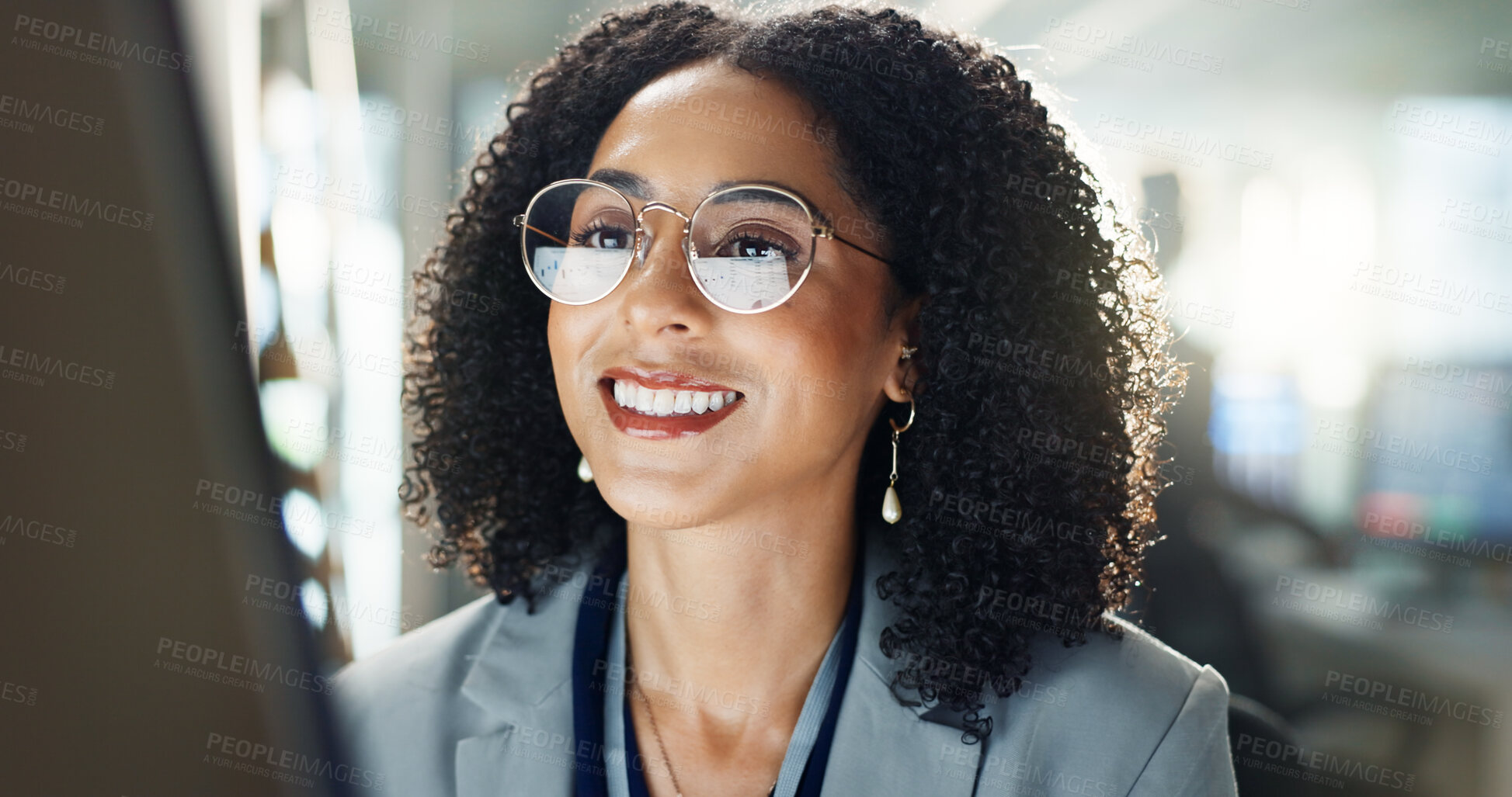 Buy stock photo Reading, glasses and business woman on computer for online project, proposal and research. Corporate, office and person on pc monitor for internet, website search and email networking for career