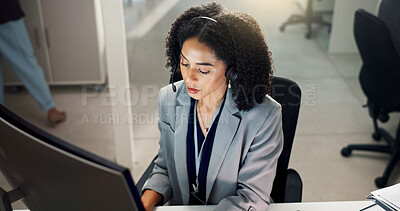 Buy stock photo Customer service, call center and woman on computer in office for talking, online help and consulting. Corporate, communication and person with headset for contact, crm support and telemarketing