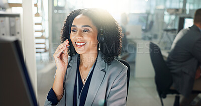 Buy stock photo Call center, customer service and happy business woman in office consulting for crm, faq and tech support. Telemarketing, insurance and friendly consultant with virtual help, loan and b2b networking