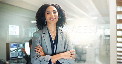 Buy stock photo Customer service, tablet and portrait of woman in call center for consulting, telemarketing and working. Headset, professional and person on digital tech for communication, CRM support and talking