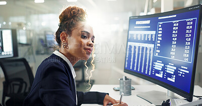 Buy stock photo Teamwork, chart and business woman on computer in office for stock trading, research and finance. Cryptocurrency, fintech and person on pc screen with global market, statistics and data analysis