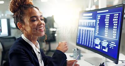 Buy stock photo Finance, statistics and business woman on computer in office for stock trading, research and financial analysis. Cryptocurrency, fintech and person on pc screen with global market, chart and data