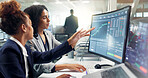 Employees, computer and night for finance, stock market and graphs on screen for data analytics. Business people, collaboration and teamwork or support, training and statistics on investment revenue