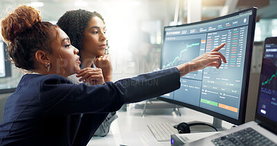 Buy stock photo Teamwork, statistics and business women on computer in office for stock trading, research and finance. Collaboration, fintech and people on pc screen with graph, financial chart and data analysis