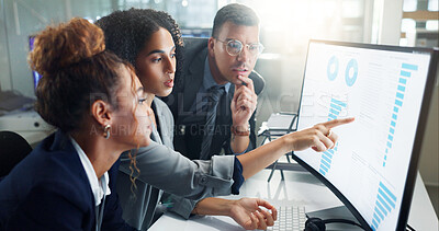 Buy stock photo Teamwork, statistics and business people on computer in office for stock trading, research and finance. Collaboration, fintech and men and women on pc screen with graph, chart and data analysis