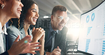 Buy stock photo Happy, statistics and business people on computer for finance, research and stock trading in office. Cryptocurrency, fintech and men and women celebrate on screen for profit, chart and data analysis