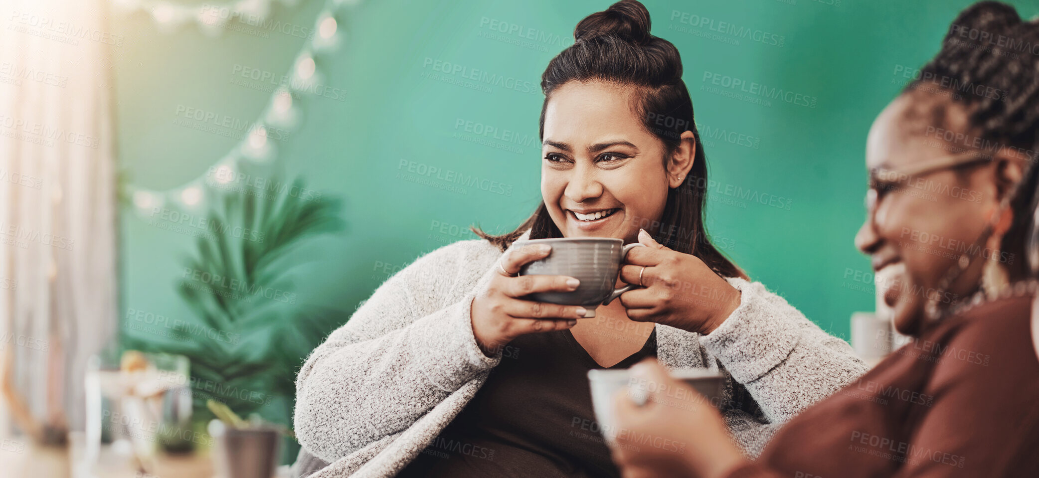 Buy stock photo Relax, coffee and smile with friends on sofa for gossip, lunch break and conversation. Happiness, chat and bonding with women drinking tea in living room at home for discussion, advice and lounge