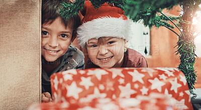 Buy stock photo Happy, gifts and portrait of children by Christmas tree for festive celebration morning together. Smile, siblings and boy kids opening xmas presents in living room with holiday fun and bonding.