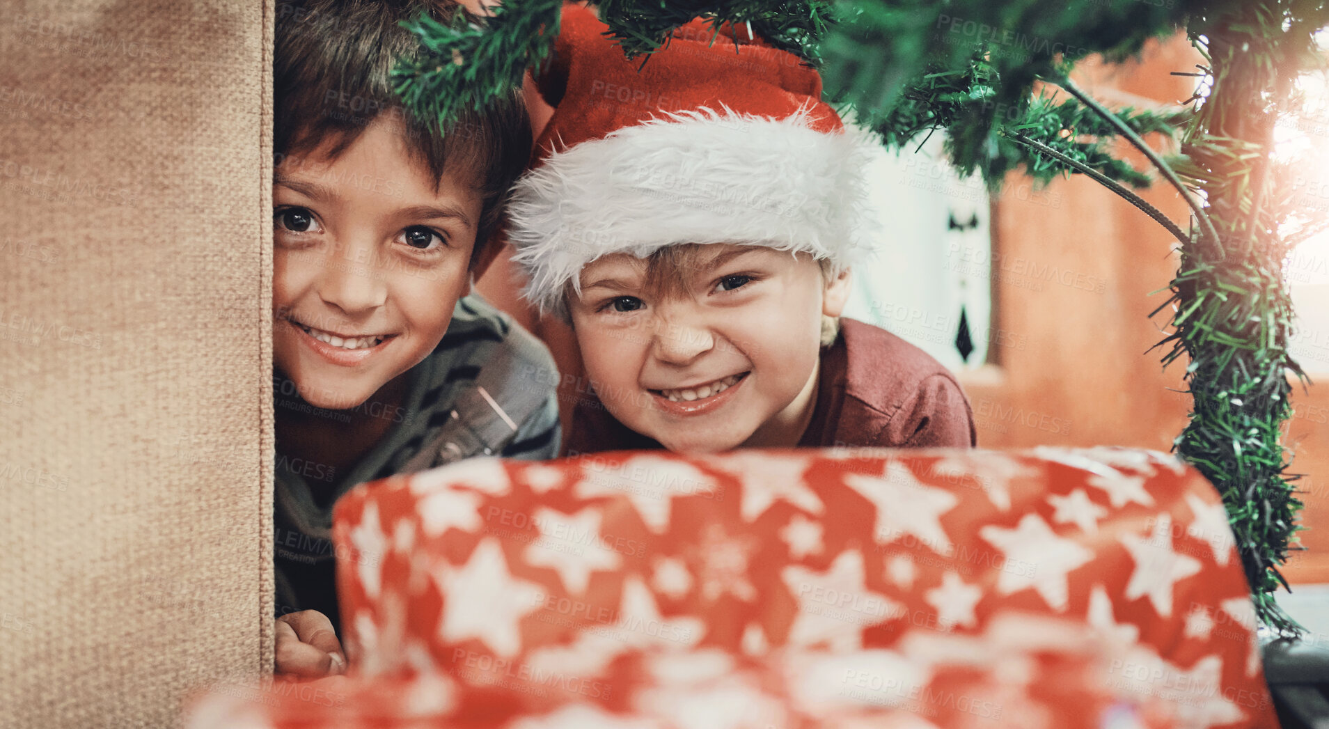 Buy stock photo Happy, gifts and portrait of children by Christmas tree for festive celebration morning together. Smile, siblings and boy kids opening xmas presents in living room with holiday fun and bonding.