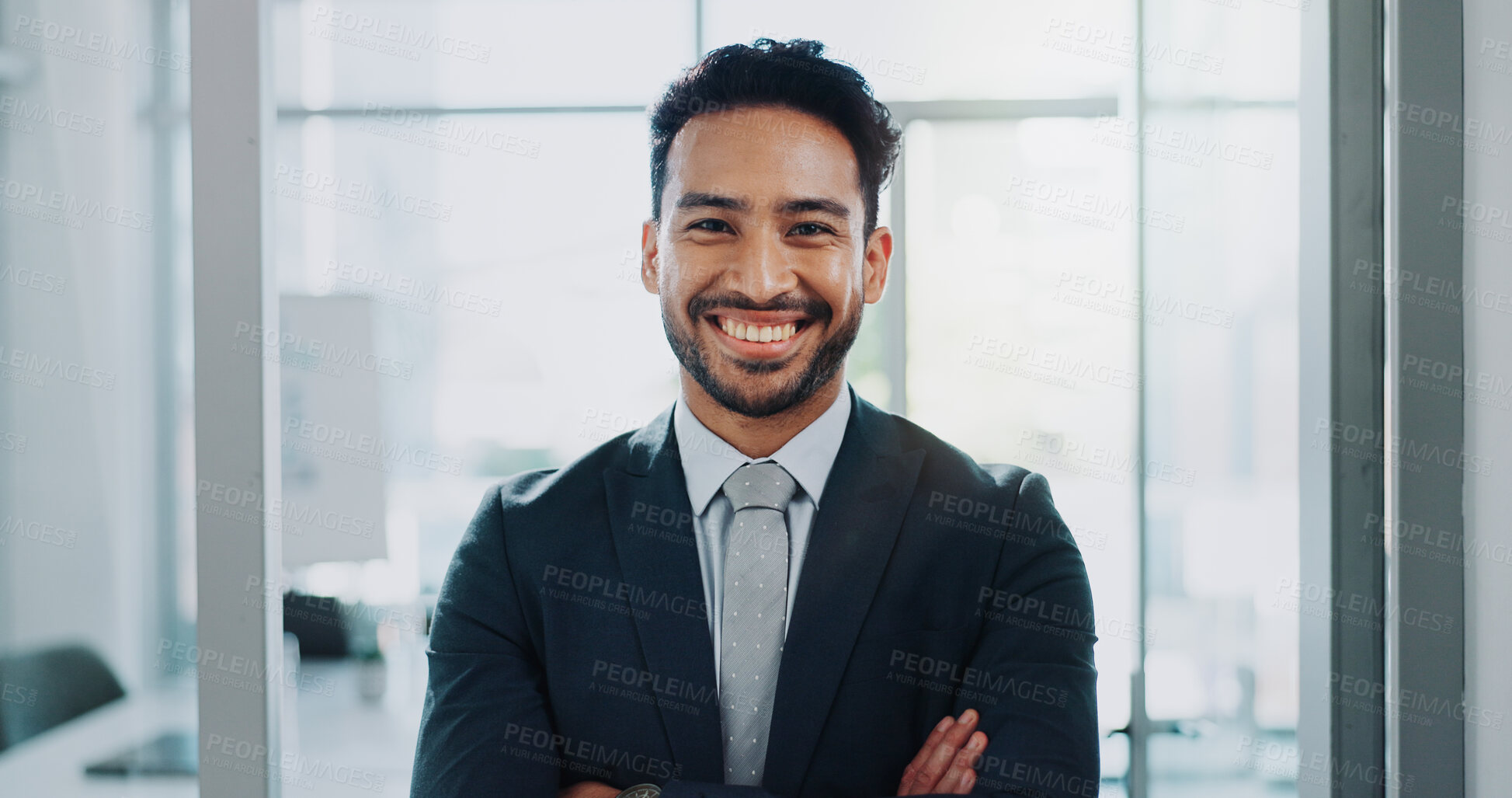 Buy stock photo Portrait, smile and Asian man in office for corporate career or job in suit at company. Face, happy professional and confident insurance agent or entrepreneur with arms crossed at work in Singapore