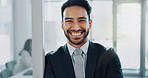 Portrait, smile and man in office for corporate career, work or job with manager in suit at company. Face, happy professional and confident salesman, leader or entrepreneur coworking at workplace