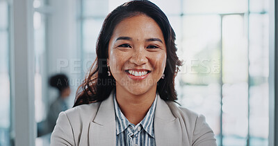 Buy stock photo Portrait, smile and happy woman in office for pride, leadership and confidence in corporate workplace. Businesswoman, finance manager or ambition in career for growth or company in Indonesia