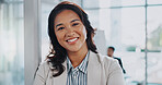 Smile, portrait and businesswoman in office for pride, leadership and confidence in corporate workplace. Happy woman, finance manager and ambition in career for success, growth and job in Indonesia