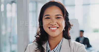 Buy stock photo Portrait, business and woman in office, smile and professional with corporate job, career ambition and confident. Face, employee in finance with consulting agency or accountant with pride in Malaysia