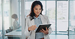 Business woman, tablet and typing for email notification, calendar app and planning schedule in office. Accountant lady, tech and internet scroll for online report, info and reading finance article