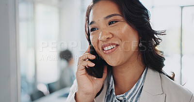 Buy stock photo Business woman, smile and phone call for conversation with contact, communication and networking in office. Happy lady, accountant and mobile hello for virtual chat, discussion and budget negotiation