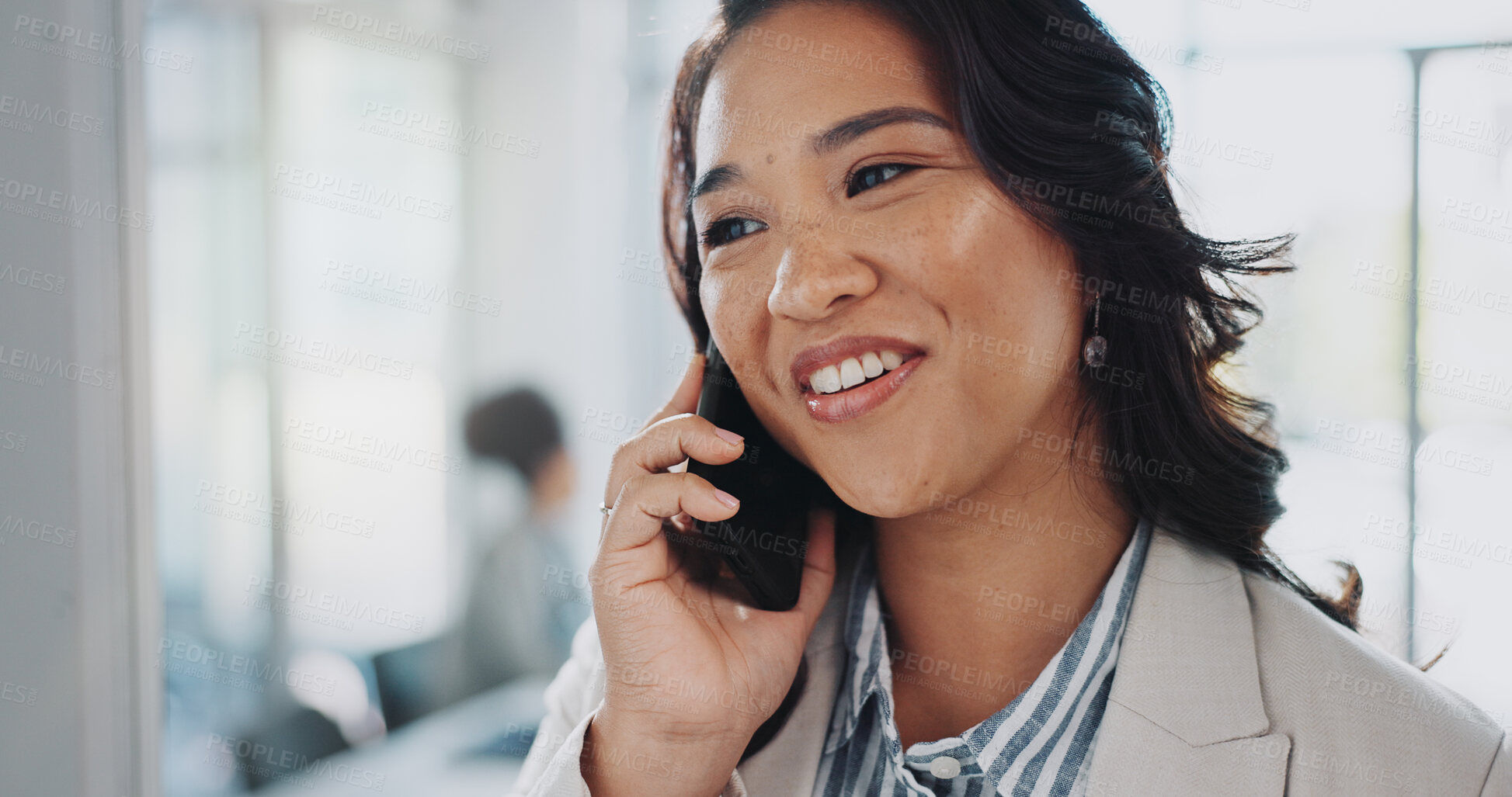 Buy stock photo Business woman, smile and phone call for conversation with contact, communication and networking in office. Happy lady, accountant and mobile hello for virtual chat, discussion and budget negotiation