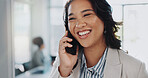 Happy woman, business and discussion with phone call for proposal, ideas or colalboration at office. Female person or employee talking with smile on mobile smartphone for online chat or conversation