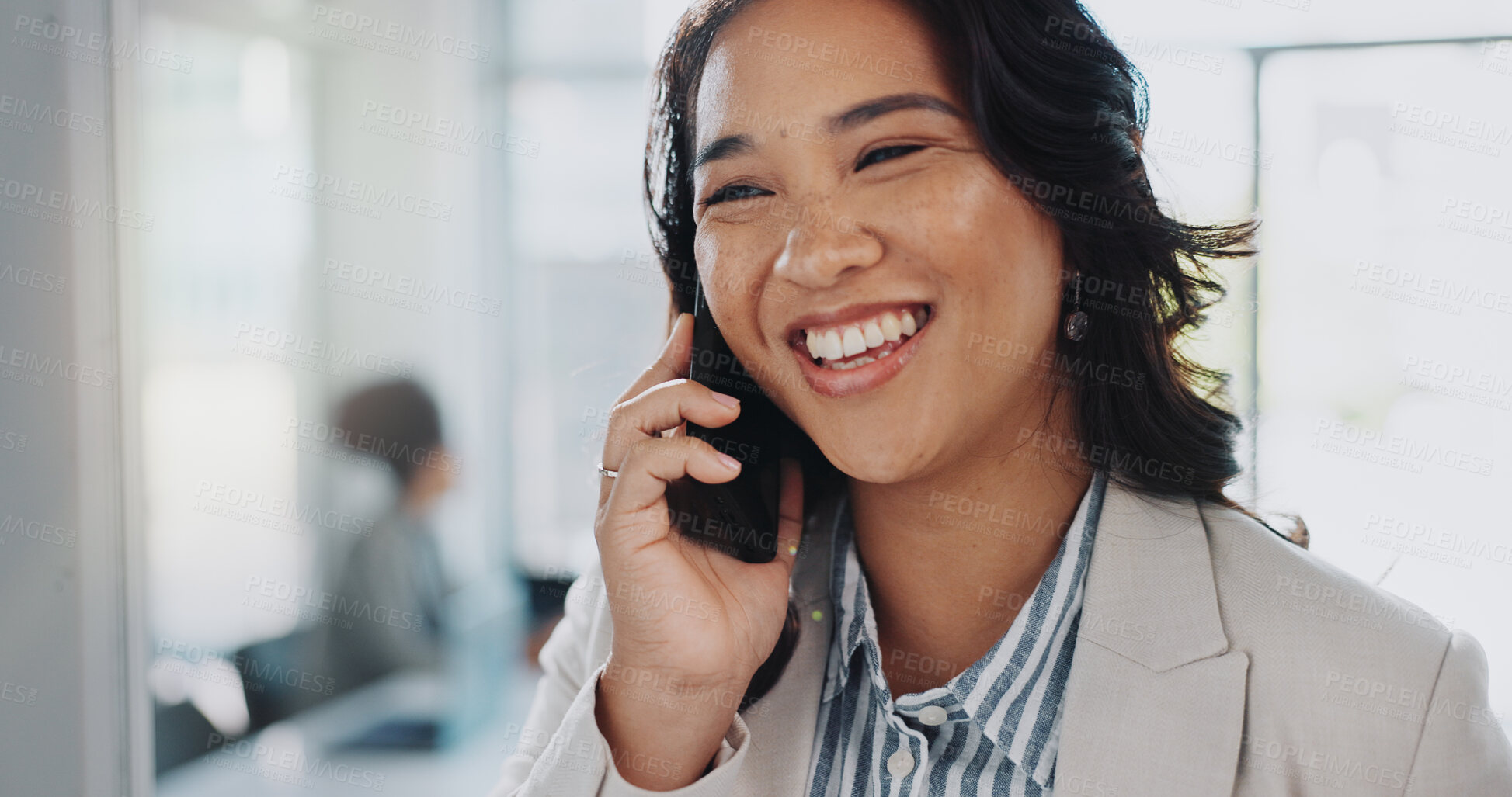 Buy stock photo Happy woman, business and discussion with phone call for proposal, ideas or colalboration at office. Female person or employee talking with smile on mobile smartphone for online chat or conversation