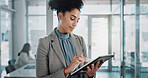 Happy woman, research and scrolling with tablet for online browsing, checklist or innovation at office. Young female person or employee working on technology for search, analytics or corporate growth