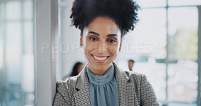 Buy stock photo Portrait, business and woman in office, leaning and professional with corporate job, accountant and pride. Face,  employee or financial advisor with consulting agency or career ambition with smile