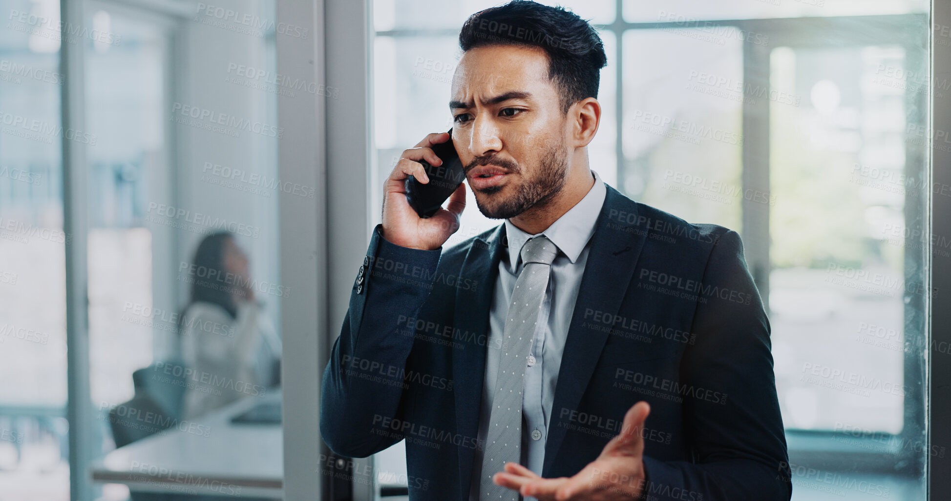 Buy stock photo Argument, confused and phone call with business man in office for communication or problem solving. Doubt, frown and question with unhappy employee talking on mobile for negotiation or networking