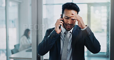 Business man, headache and phone call with stress, confused or worry for mistake, fail or bad news at law firm. Lawyer, attorney or corporate worker with anxiety or sad for loss, disaster or crisis