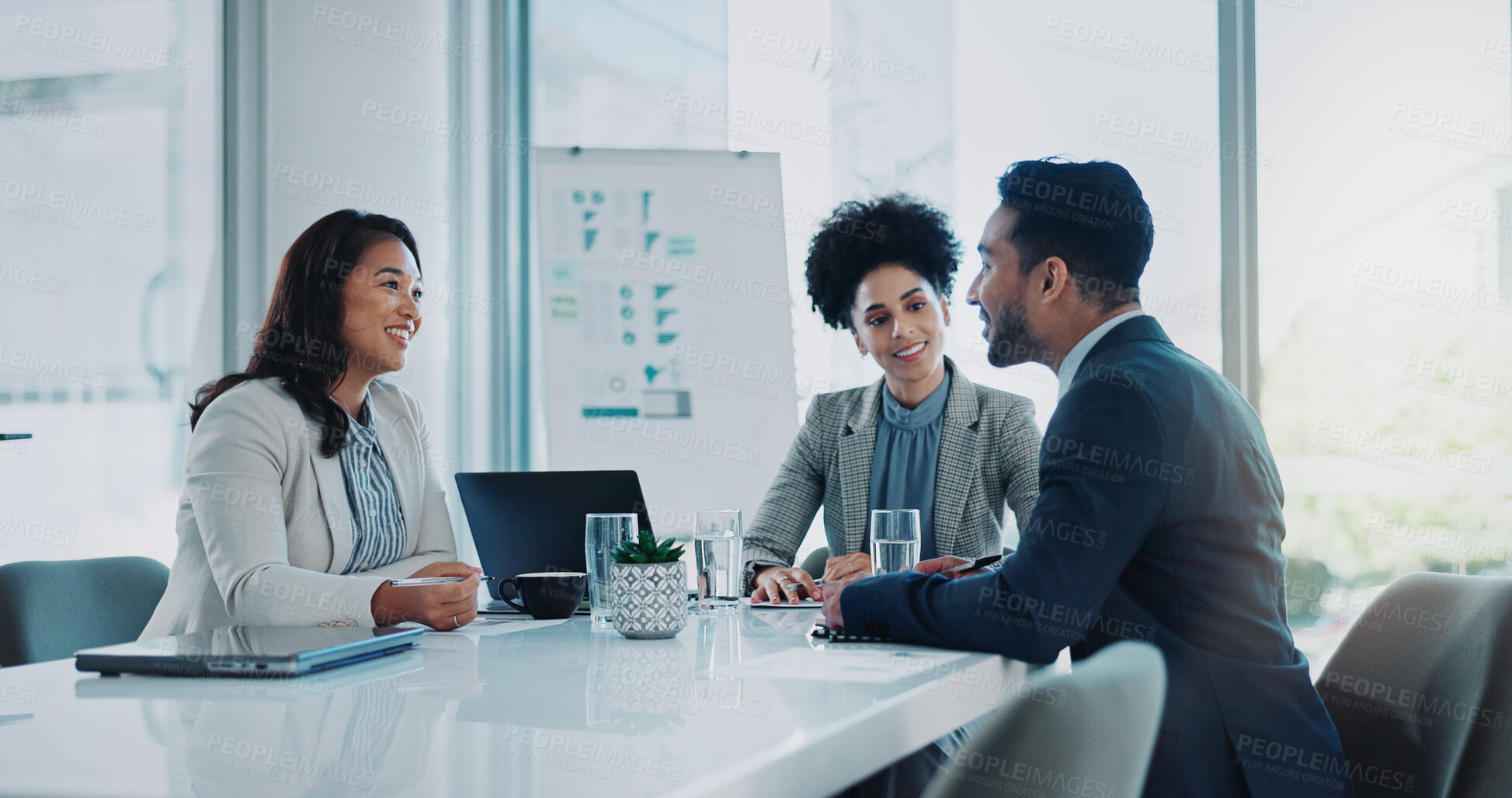 Buy stock photo Business people, speaking and planning in office meeting, collaboration and teamwork for proposal. Employees, talking and consulting for finance sales, support and briefing in boardroom for project