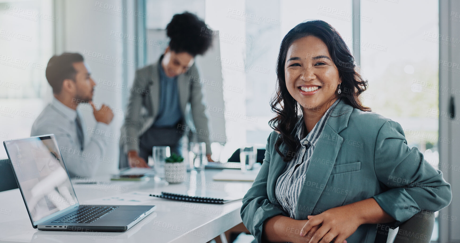 Buy stock photo Laptop, portrait and business woman in meeting at office for company budget planning with revenue. Smile, computer and Asian female financial analyst with team for corporate stock investment pride