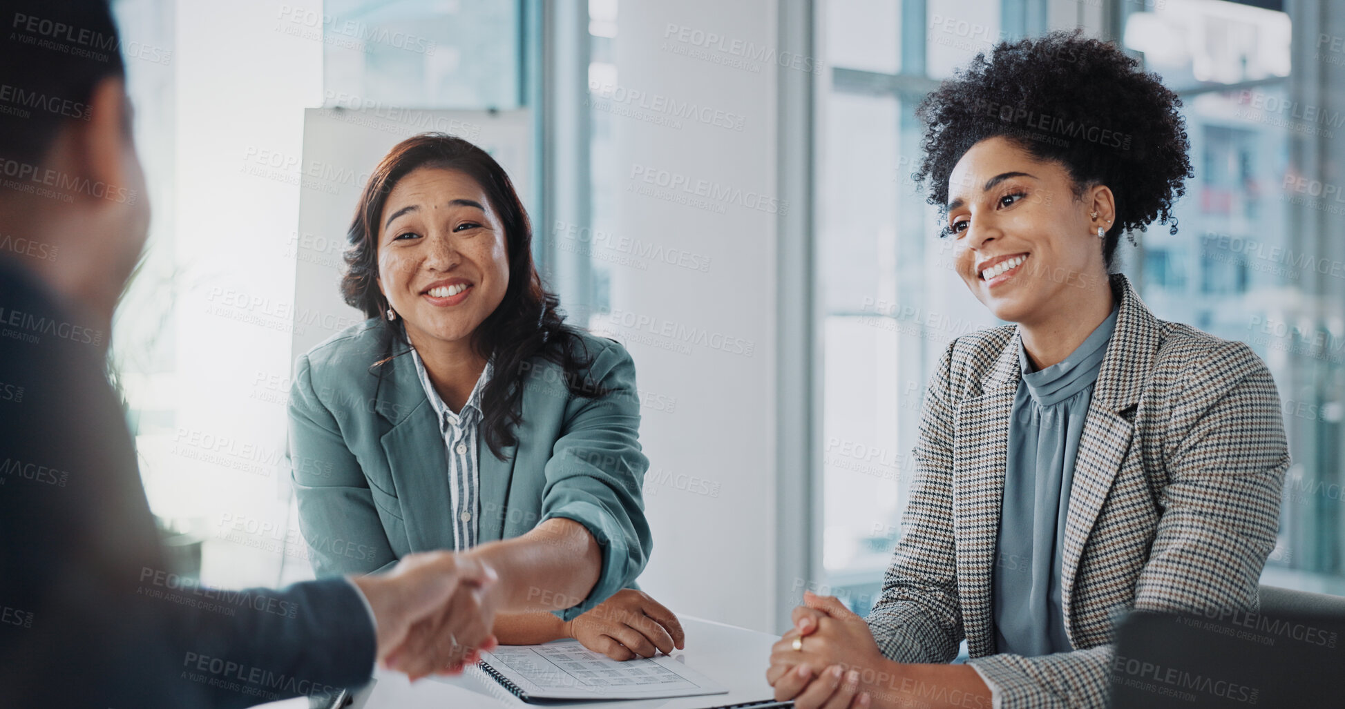 Buy stock photo Business people, introduction and shaking hands for job interview, recruitment and meeting in public relations. Woman, clients or candidate with handshake in welcome, onboarding or career opportunity