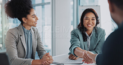 Buy stock photo Business people, meeting and handshake for introduction, onboarding or negotiation with b2b collaboration. Woman, clients or investor shaking hands for welcome, success and agreement or project deal