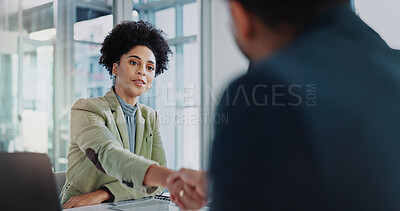 Buy stock photo Business woman, handshake and meeting for job interview, recruitment and introduction in public relations. Marketer, clients or candidate shaking hands for welcome, onboarding and career opportunity