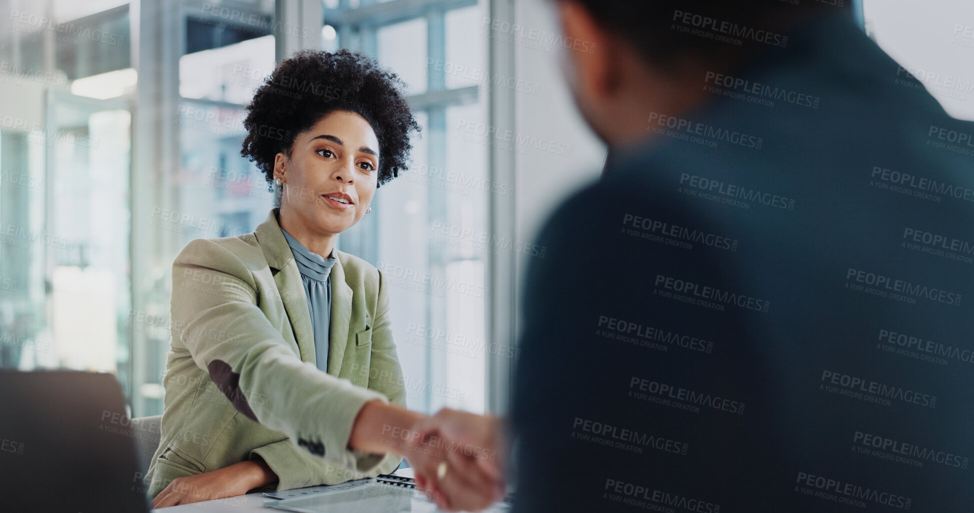 Buy stock photo Business woman, handshake and meeting for job interview, recruitment and introduction in public relations. Marketer, clients or candidate shaking hands for welcome, onboarding and career opportunity