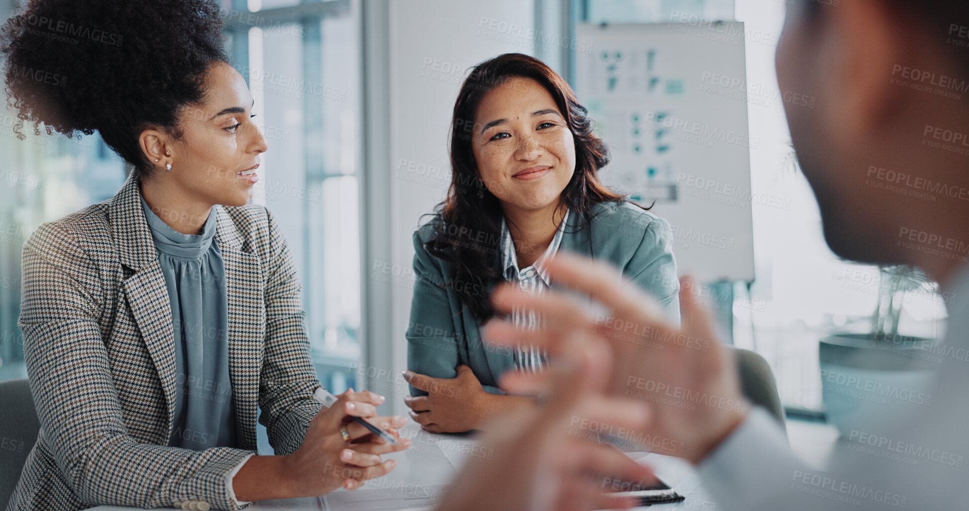 Buy stock photo Business people, talking and planning in meeting, collaboration and teamwork for proposal. Employees, speaking and documents for finance, support and briefing in boardroom for project feedback