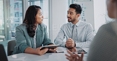 Buy stock photo Business people, speaking and planning in finance meeting, group collaboration and teamwork on tablet. Financial advisors, talking and consulting for sales, client support and briefing for project