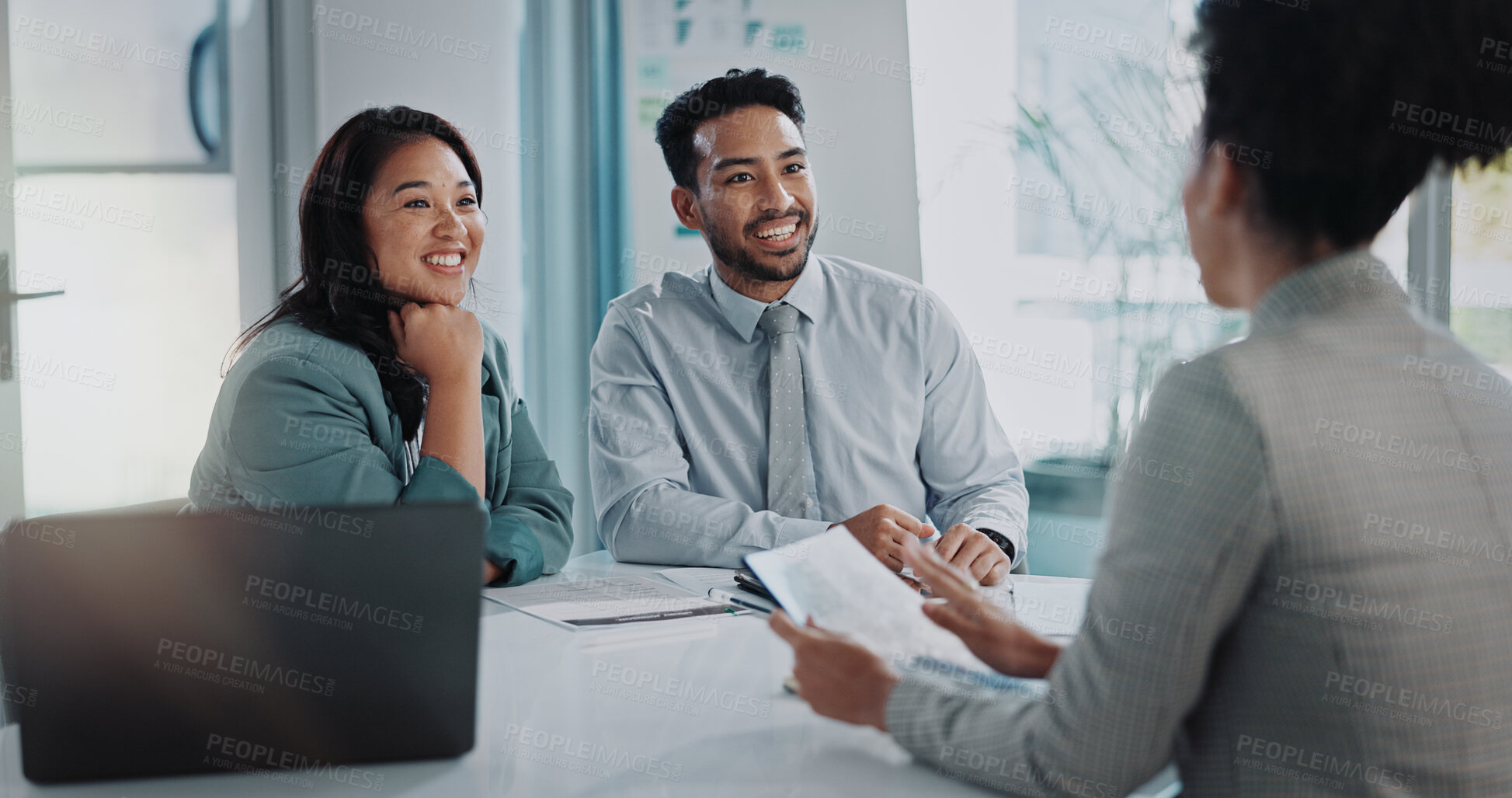 Buy stock photo Business people, paperwork and report in office meeting, collaboration and teamwork for proposal. Employees, talking and documents for finance review, support and briefing in boardroom for project