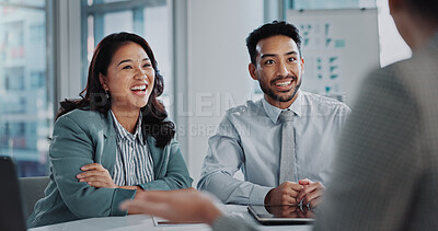 Listening, business people or colleagues in meeting by office, communication and feedback on performance. Teamwork, corporate investors or excited of company growth, future investment and partnership