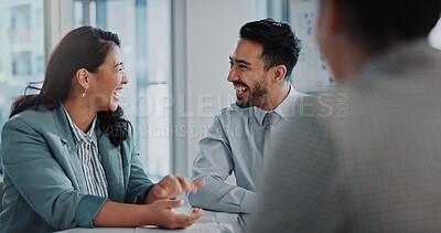 Buy stock photo Happy, business people or colleagues in meeting by office, communication and feedback on performance. Teamwork, corporate investors and good news of company growth, future investment and partnership