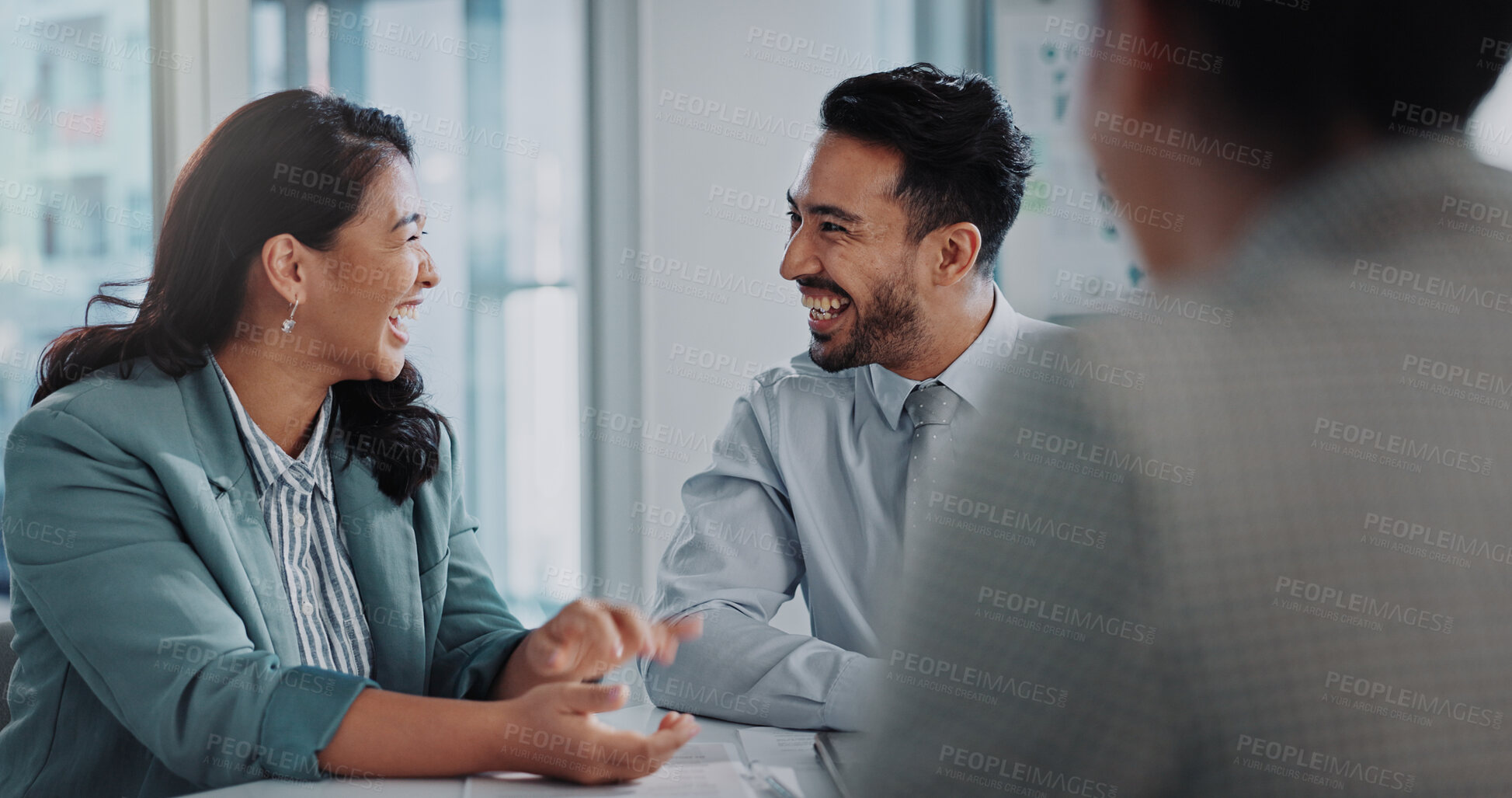 Buy stock photo Happy, business people or colleagues in meeting by office, communication and feedback on performance. Teamwork, corporate investors and good news of company growth, future investment and partnership