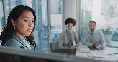 Buy stock photo Woman, business or leadership with presentation in office, company manager with collaboration for pitch. Female speaker, training or workplace planning in sales meeting, teamwork or global strategy