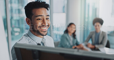 Buy stock photo Man, business and management with presentation in office, company leader with collaboration for pitch. Male person, smile or workplace planning in sales meeting, teamwork or strategy for proposal