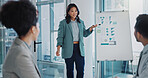 Business woman, leader and presentation of data analytics, statistics of graphs and charts of SEO results. Marketer or analyst speaking to clients or team in meeting of target audience on whiteboard