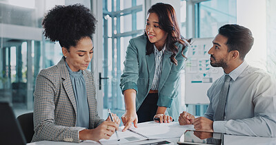 Buy stock photo Business people, paperwork and planning in office meeting, collaboration and teamwork for proposal. Employees, talking and documents for finance review, support and briefing in boardroom for project