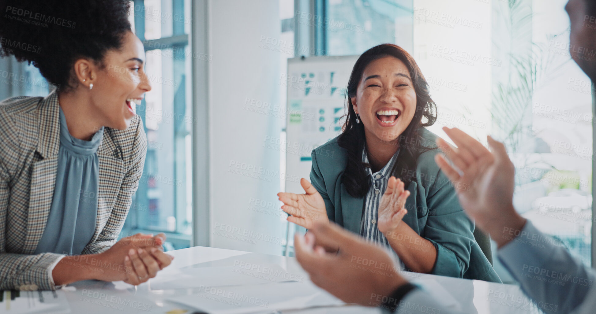 Buy stock photo Business people, meeting and applause for congratulations, teamwork and collaboration success in office. Clapping, happy and excited staff with law group and case win at legal firm with celebration