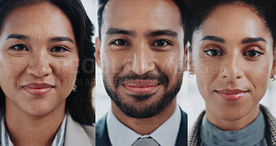 Buy stock photo Collage, happy and portrait with business people in video call for corporate communication or collaboration. Diversity, face or smile of man and woman employee team in virtual meeting for planning