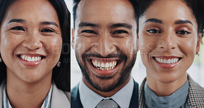 Buy stock photo Collage, portrait and smile with business people in video call for corporate communication or collaboration. Diversity, face or montage of man and woman employee team in virtual meeting for planning