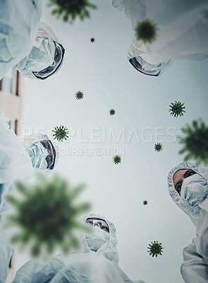 Buy stock photo Healthcare, group and PPE in hospital, virus and infection control of mpox, low angle and contamination. POV, medical professional and protection of suit, people and collaboration for vaccine