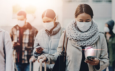 Buy stock photo Woman, smartphone and mask for virus, travel and healthcare safety with disease prevention in airport. Female person, people and globe hologram on mobile for pandemic, medical compliance and wellness