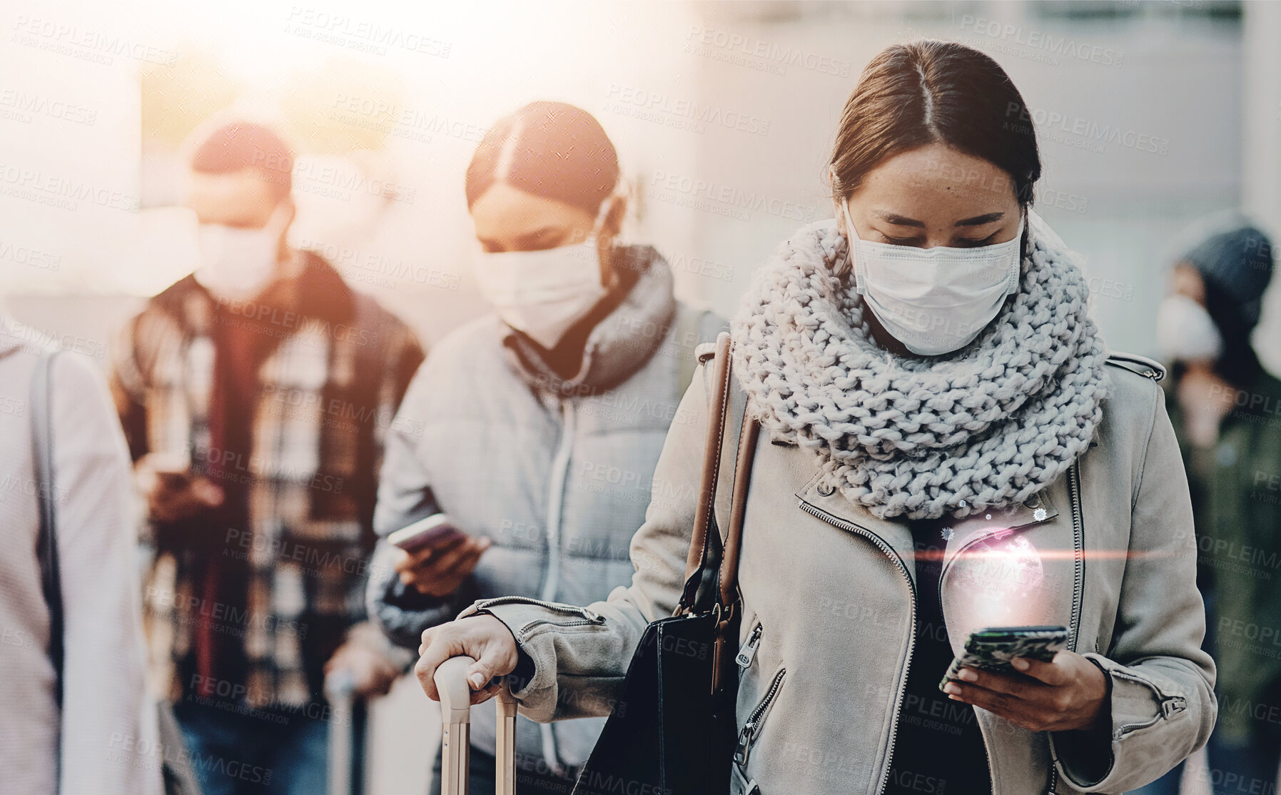 Buy stock photo Woman, smartphone and mask for virus, travel and healthcare safety with disease prevention in airport. Female person, people and globe hologram on mobile for pandemic, medical compliance and wellness